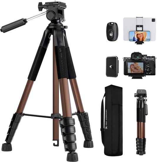 K&F CONCEPT 75"/190cm Lightweight Travel Camera Tripod for Phone | Compact Video Tripod Stand with Phone Clip, Bluetooth, Compatible with Canon/Sony/Nikon, Laser Level S255A3+BV01