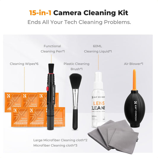 K&F CONCEPT 15-in-1 Camera Lens Cleaning Kit with Air Blowing, Wipes, Cloth | Cleaning Wipes, 60ml Liquid, cleaning cloth, Lens Pen, Cleaning Brush for DSLR Camera Lens Filter Cell Phones MK04