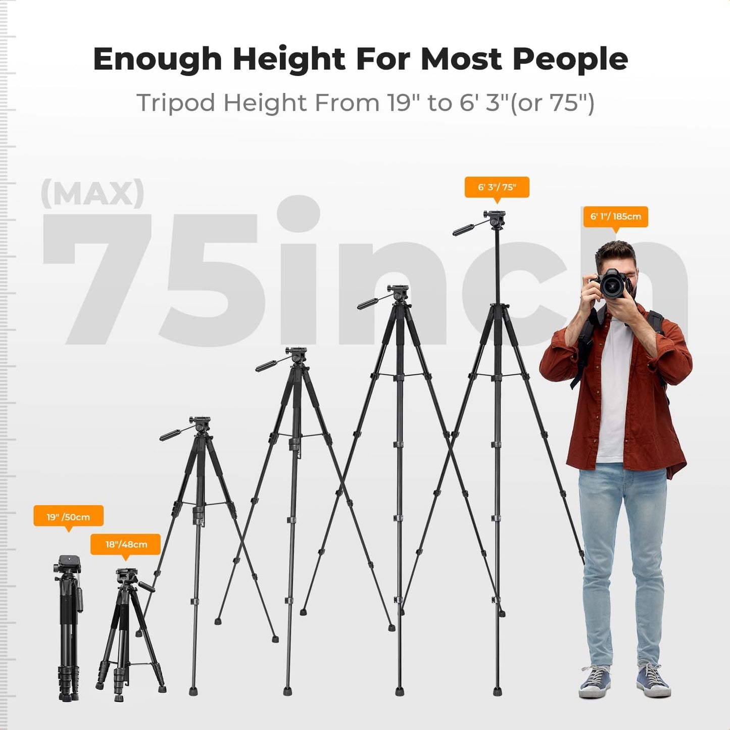 K&F CONCEPT 75"/190cm Lightweight Travel Camera Tripod for Phone | Compact Video Tripod Stand with Phone Clip, Bluetooth, Compatible with Canon/Sony/Nikon, Laser Level S255A3+BV01