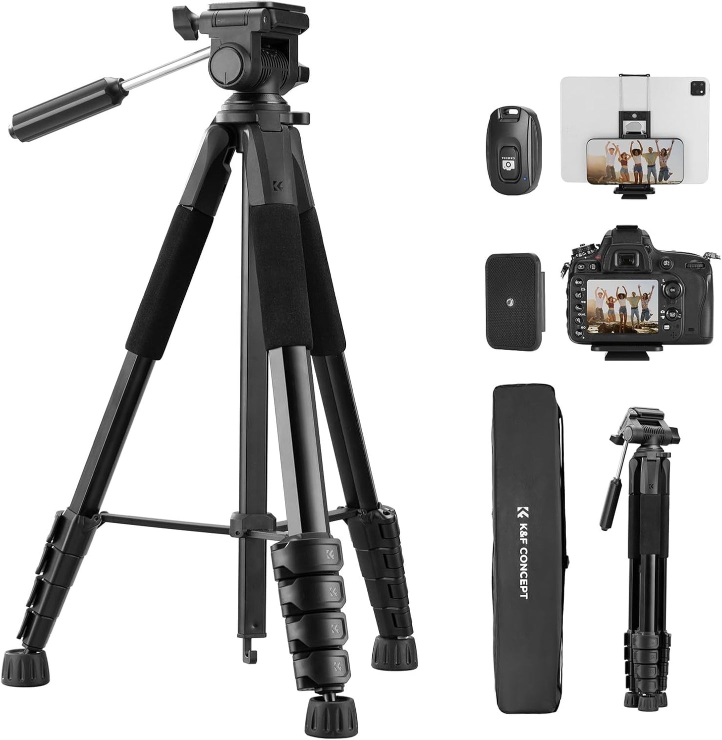 K&F CONCEPT 75"/190cm Lightweight Travel Camera Tripod for Phone | Compact Video Tripod Stand with Phone Clip, Bluetooth, Compatible with Canon/Sony/Nikon, Laser Level S255A3+BV01