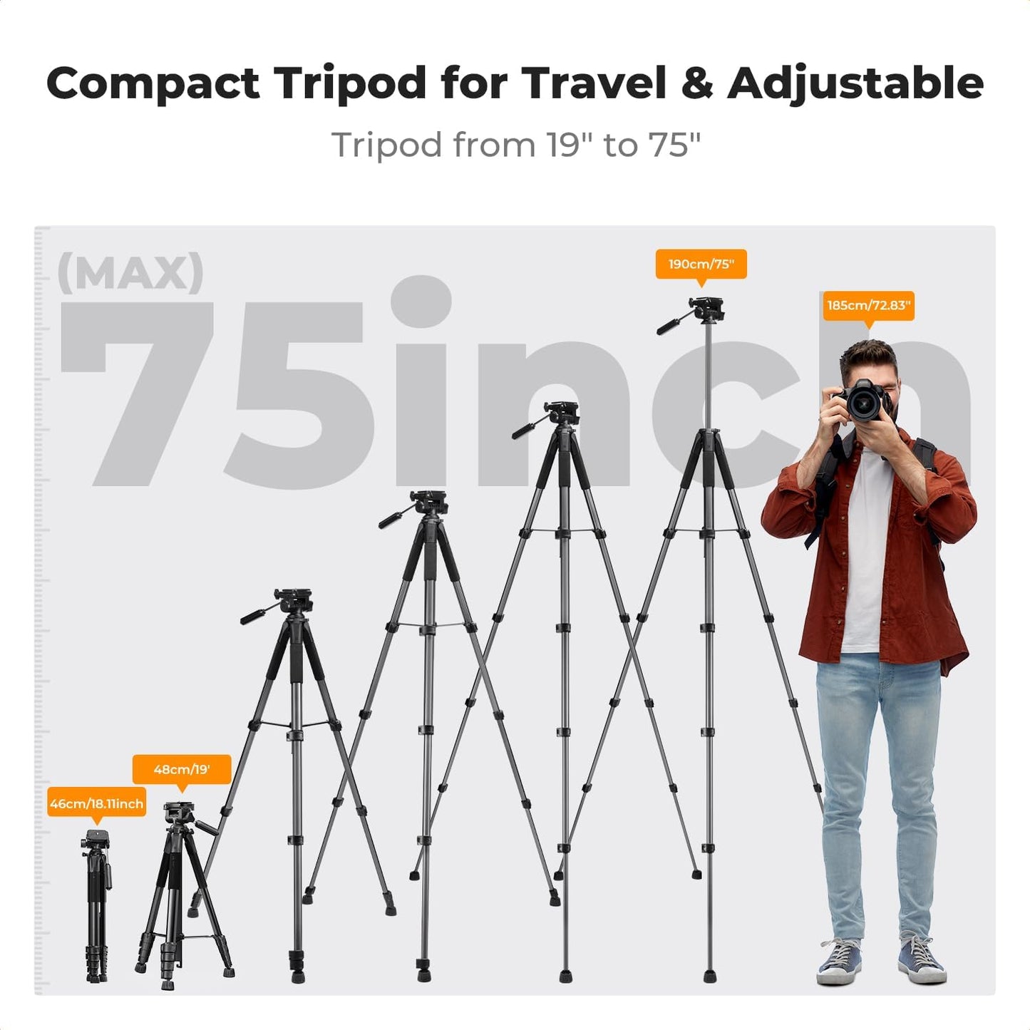 K&F CONCEPT 75"/190cm Lightweight Travel Camera Tripod for Phone | Compact Video Tripod Stand with Phone Clip, Bluetooth, Compatible with Canon/Sony/Nikon, Laser Level S255A3+BV01