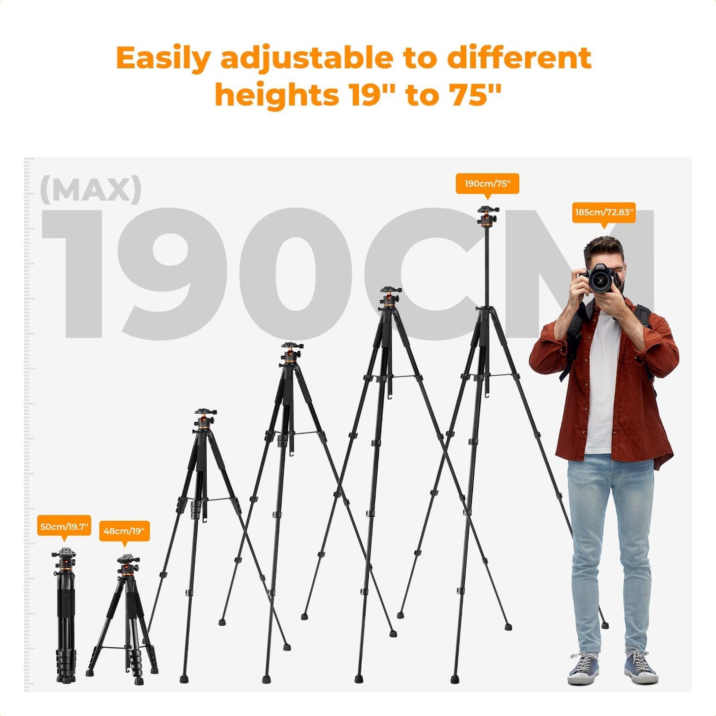 K&F CONCEPT 75"/190cm Lightweight Travel Camera Tripod for Phone | Compact Video Tripod Stand with Phone Clip, Bluetooth, Compatible with Canon/Sony/Nikon, Laser Level S255A3+BV01