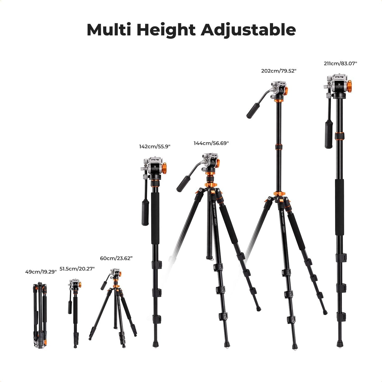 K&F CONCEPT 83 inch/211cm Camera Video Tripod | for DSLR Compact Aluminum Tripod with Fluid Head and 5KG Load for Travel and Work K234A7+FH-03