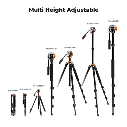 K&F CONCEPT 83 inch/211cm Camera Video Tripod | for DSLR Compact Aluminum Tripod with Fluid Head and 5KG Load for Travel and Work K234A7+FH-03