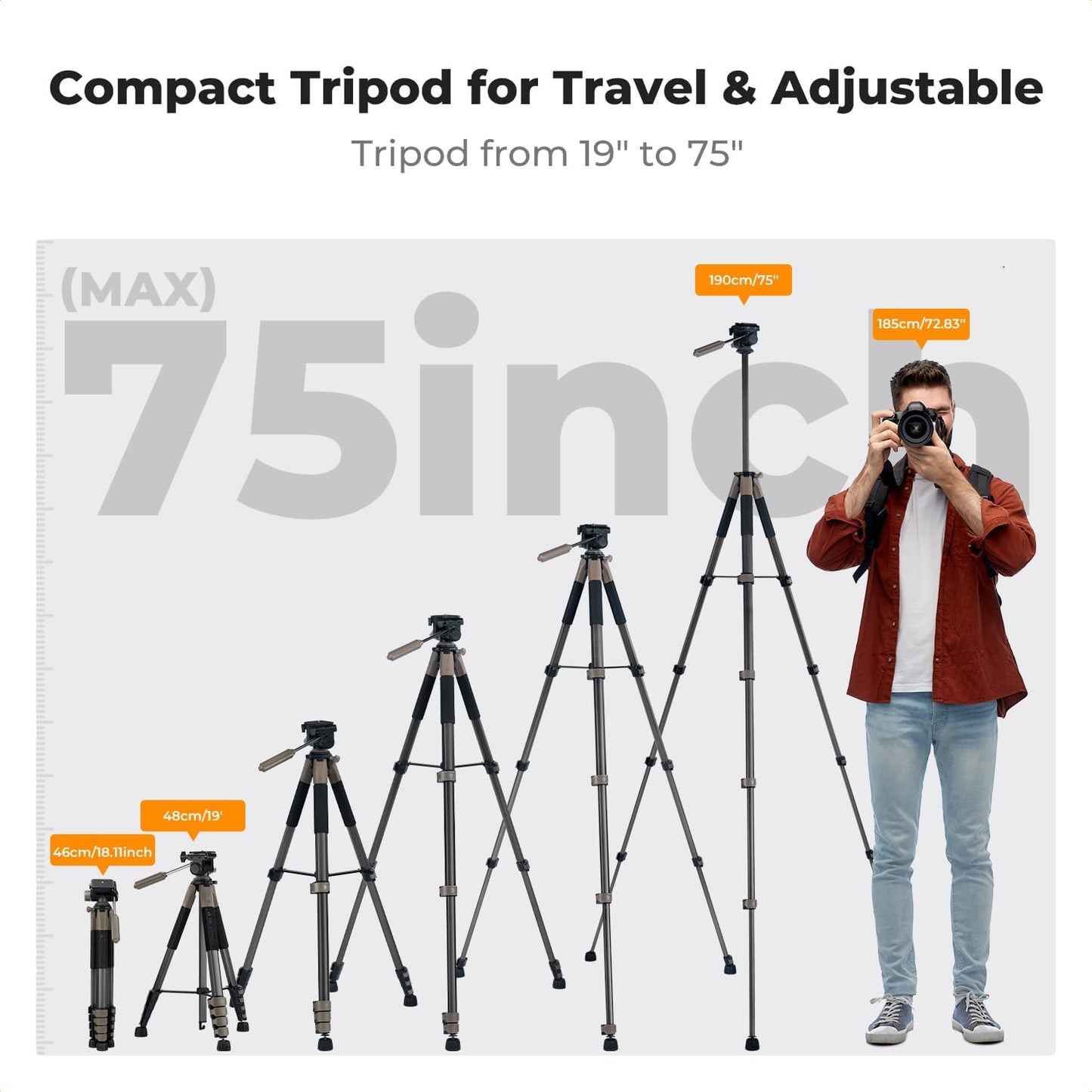 K&F CONCEPT 75"/190cm Lightweight Travel Camera Tripod for Phone | Compact Video Tripod Stand with Phone Clip, Bluetooth, Compatible with Canon/Sony/Nikon, Laser Level S255A3+BV01