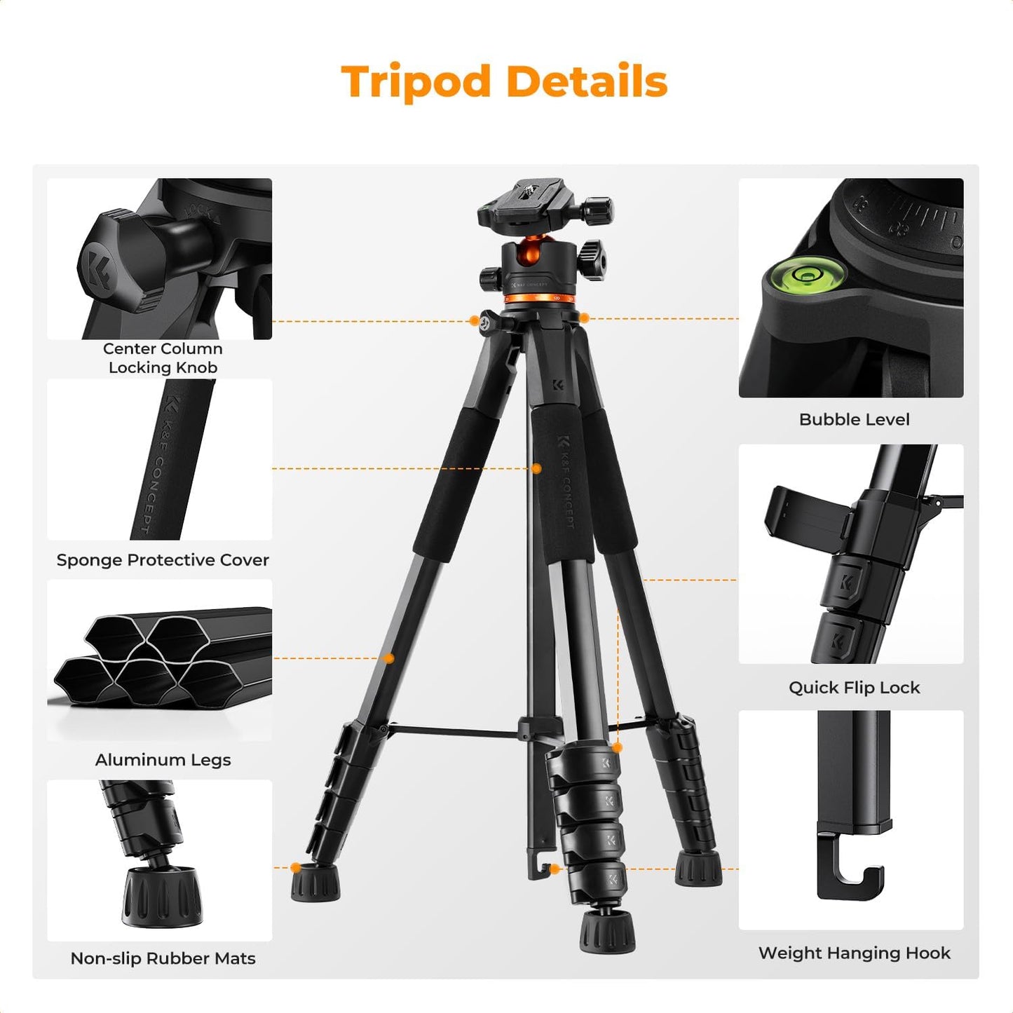 K&F CONCEPT 75"/190cm Lightweight Travel Camera Tripod for Phone | Compact Video Tripod Stand with Phone Clip, Bluetooth, Compatible with Canon/Sony/Nikon, Laser Level S255A3+BV01