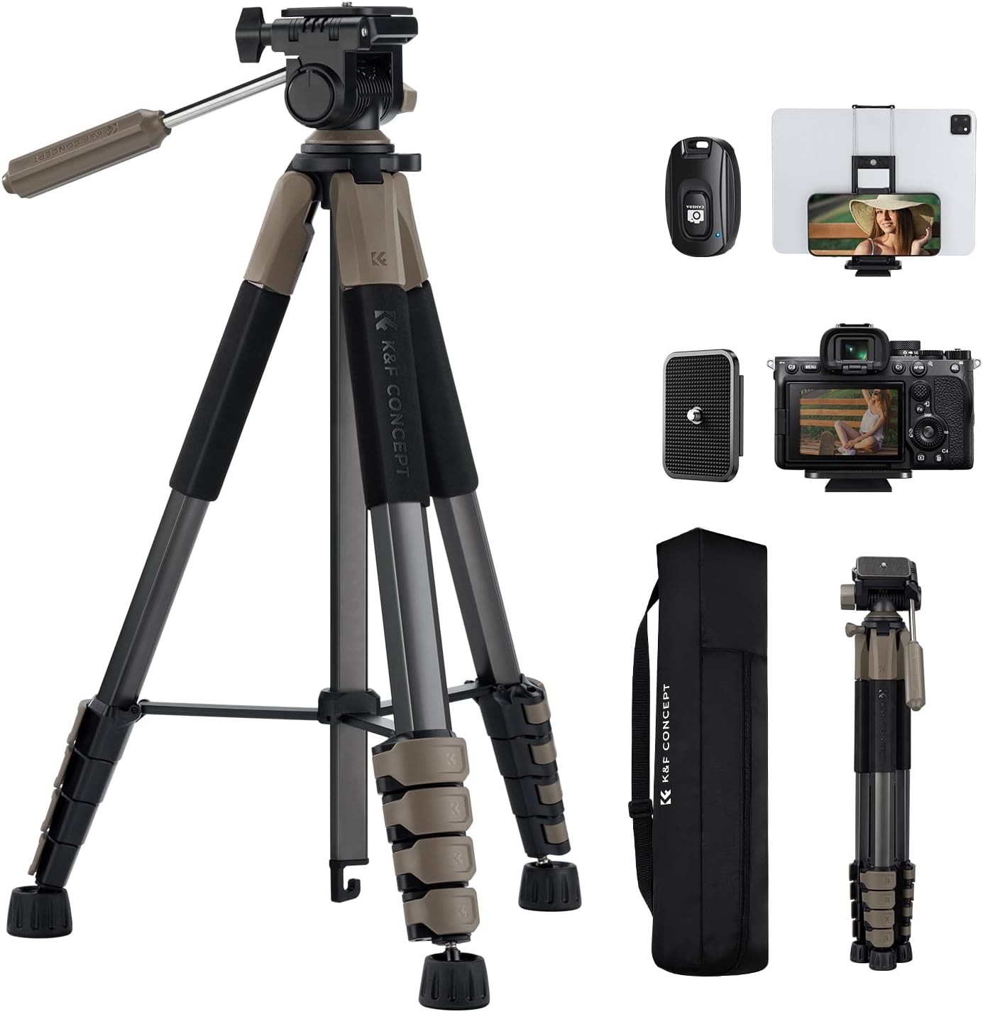 K&F CONCEPT 75"/190cm Lightweight Travel Camera Tripod for Phone | Compact Video Tripod Stand with Phone Clip, Bluetooth, Compatible with Canon/Sony/Nikon, Laser Level S255A3+BV01