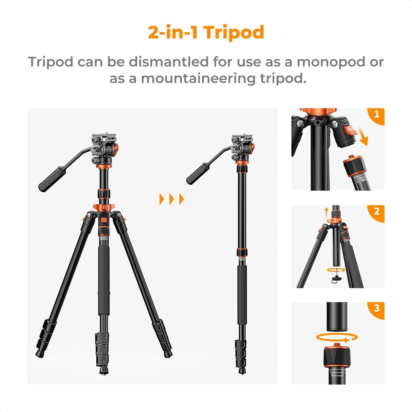 K&F CONCEPT 83 inch/211cm Camera Video Tripod | for DSLR Compact Aluminum Tripod with Fluid Head and 5KG Load for Travel and Work K234A7+FH-03