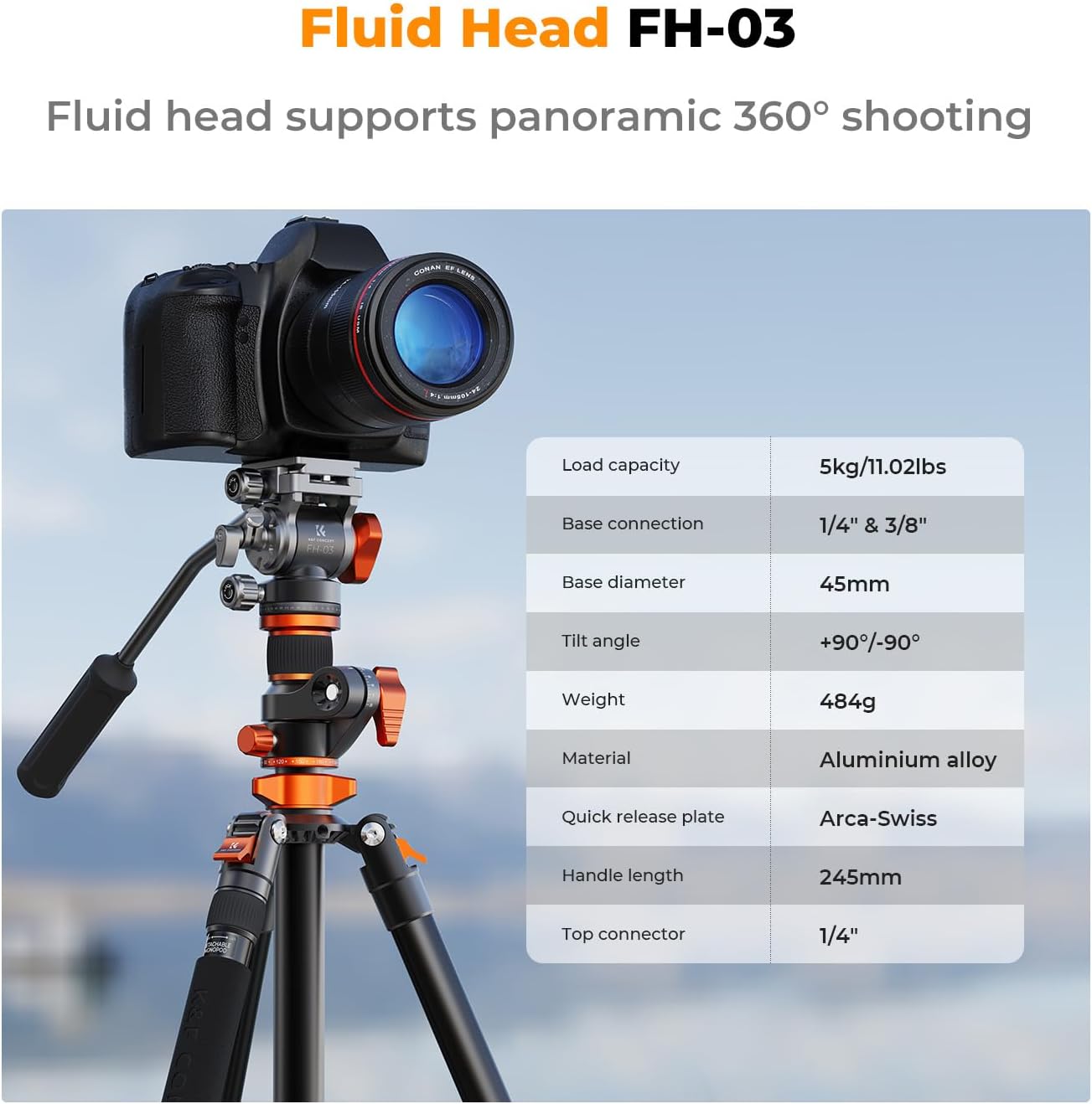 K&F CONCEPT 83 inch/211cm Camera Video Tripod | for DSLR Compact Aluminum Tripod with Fluid Head and 5KG Load for Travel and Work K234A7+FH-03