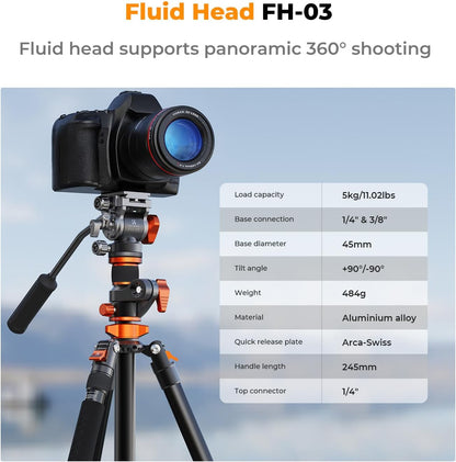 K&F CONCEPT 83 inch/211cm Camera Video Tripod | for DSLR Compact Aluminum Tripod with Fluid Head and 5KG Load for Travel and Work K234A7+FH-03