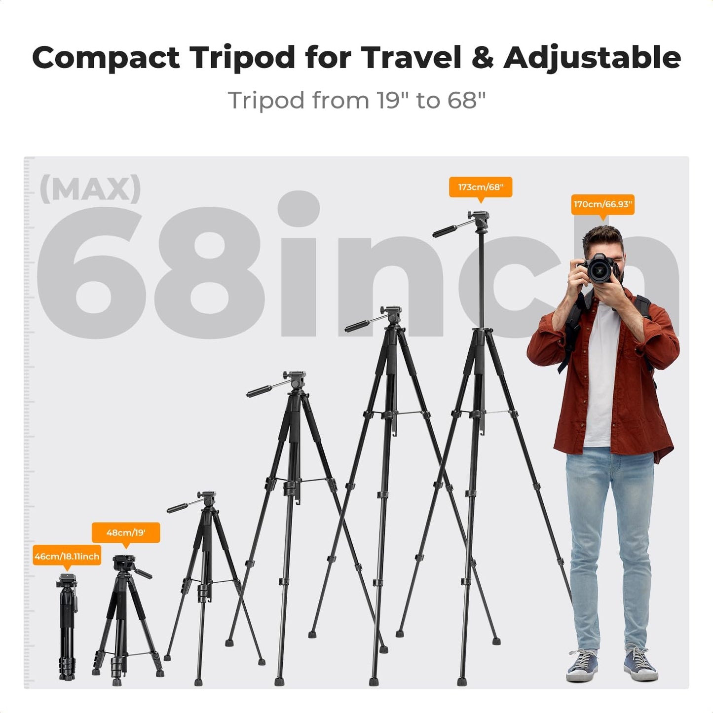 K&F CONCEPT 75"/190cm Lightweight Travel Camera Tripod for Phone | Compact Video Tripod Stand with Phone Clip, Bluetooth, Compatible with Canon/Sony/Nikon, Laser Level S255A3+BV01