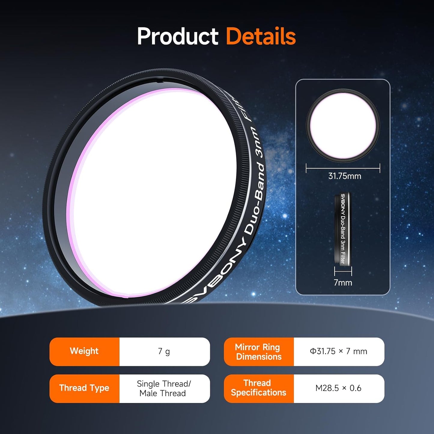 Svbony SV220 Telescope Filter, H-Alpha & OIII, 7nm Dual-Band 1.25" Filter | Urban Emission Nebula Imaging, 85% Transmission Rate with OD5, H-Alpha (656nm) and OIII (500nm) Wavelengths