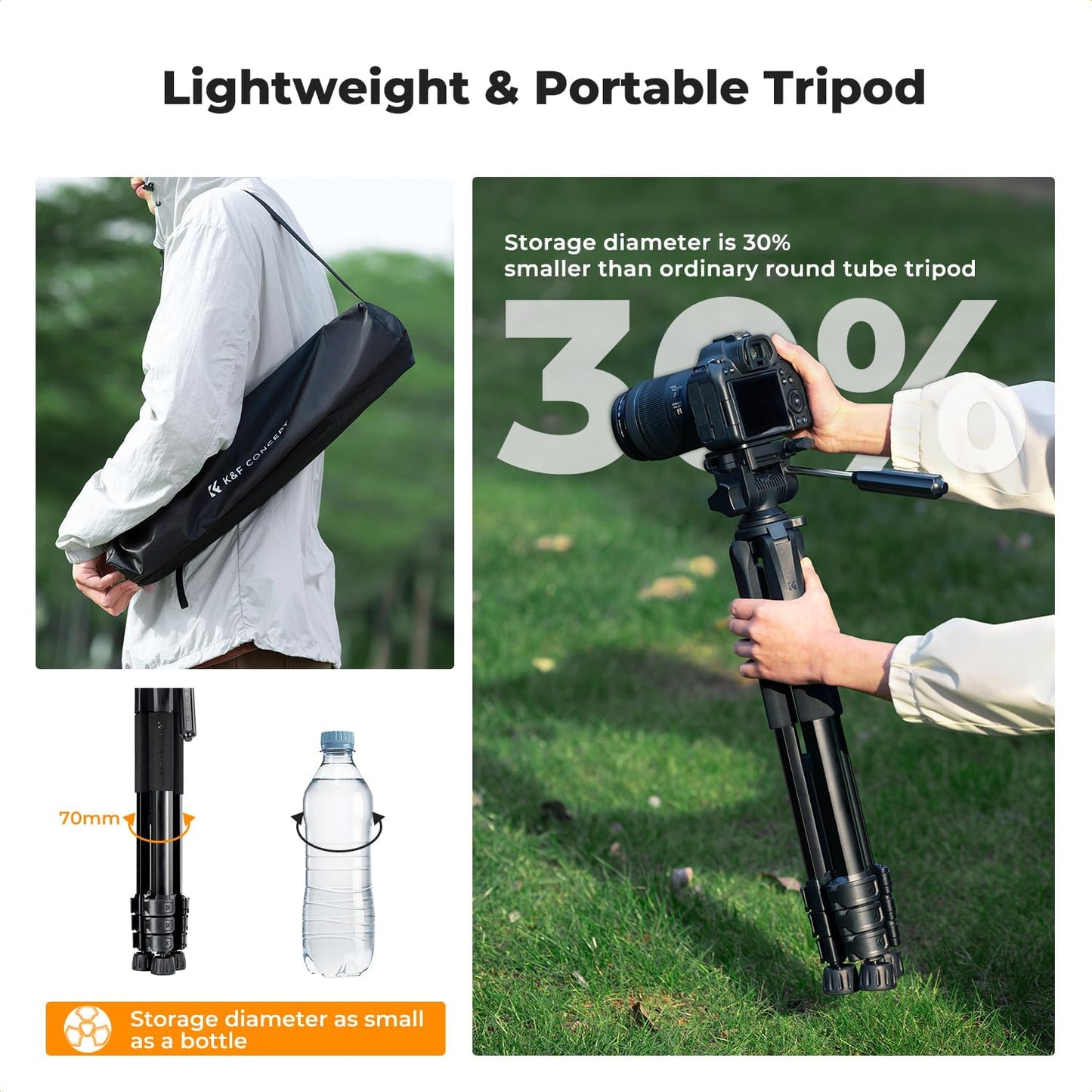 K&F CONCEPT 75"/190cm Lightweight Travel Camera Tripod for Phone | Compact Video Tripod Stand with Phone Clip, Bluetooth, Compatible with Canon/Sony/Nikon, Laser Level S255A3+BV01