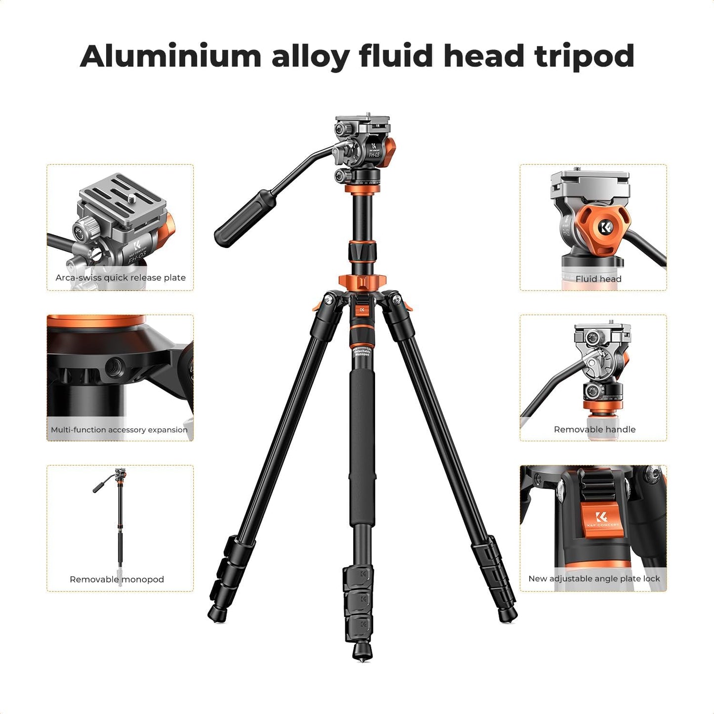 K&F CONCEPT 83 inch/211cm Camera Video Tripod | for DSLR Compact Aluminum Tripod with Fluid Head and 5KG Load for Travel and Work K234A7+FH-03