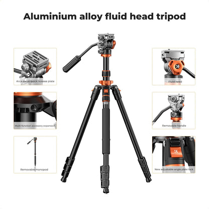 K&F CONCEPT 83 inch/211cm Camera Video Tripod | for DSLR Compact Aluminum Tripod with Fluid Head and 5KG Load for Travel and Work K234A7+FH-03