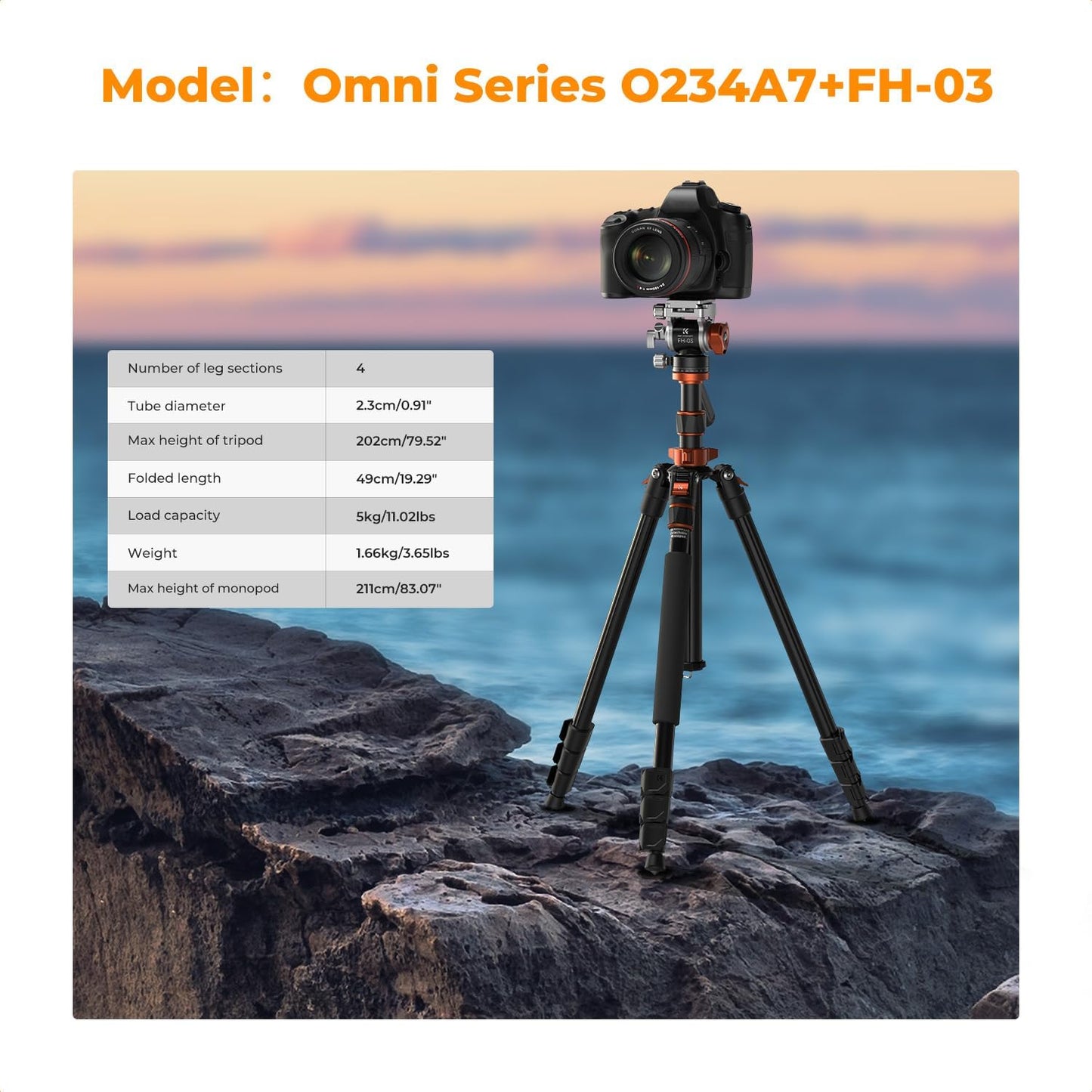 K&F CONCEPT 83 inch/211cm Camera Video Tripod | for DSLR Compact Aluminum Tripod with Fluid Head and 5KG Load for Travel and Work K234A7+FH-03