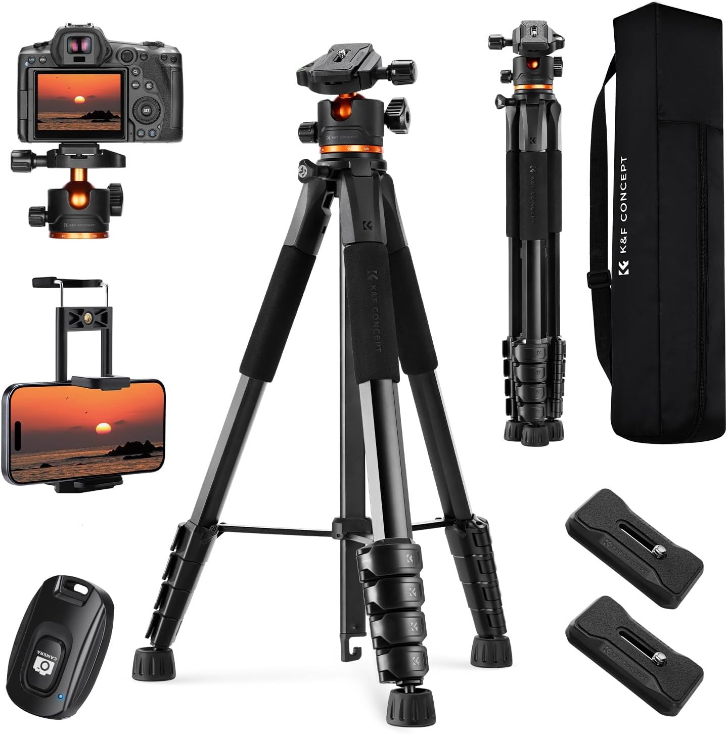 K&F CONCEPT 75"/190cm Lightweight Travel Camera Tripod for Phone | Compact Video Tripod Stand with Phone Clip, Bluetooth, Compatible with Canon/Sony/Nikon, Laser Level S255A3+BV01
