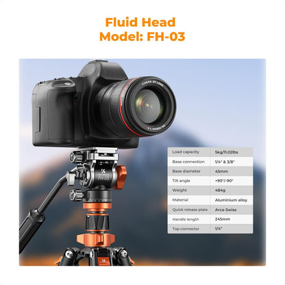 K&F CONCEPT 83 inch/211cm Camera Video Tripod | for DSLR Compact Aluminum Tripod with Fluid Head and 5KG Load for Travel and Work K234A7+FH-03