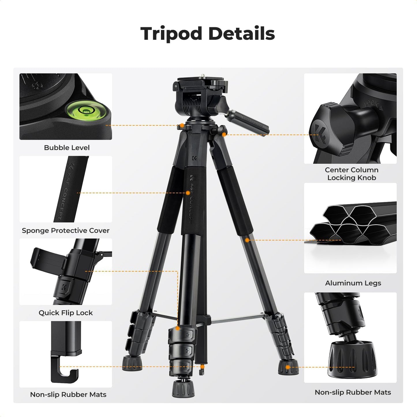 K&F CONCEPT 75"/190cm Lightweight Travel Camera Tripod for Phone | Compact Video Tripod Stand with Phone Clip, Bluetooth, Compatible with Canon/Sony/Nikon, Laser Level S255A3+BV01