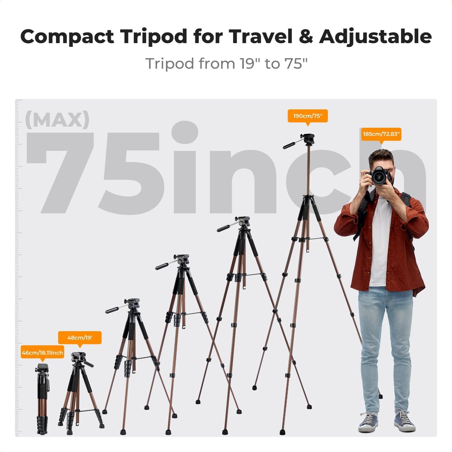 K&F CONCEPT 75"/190cm Lightweight Travel Camera Tripod for Phone | Compact Video Tripod Stand with Phone Clip, Bluetooth, Compatible with Canon/Sony/Nikon, Laser Level S255A3+BV01