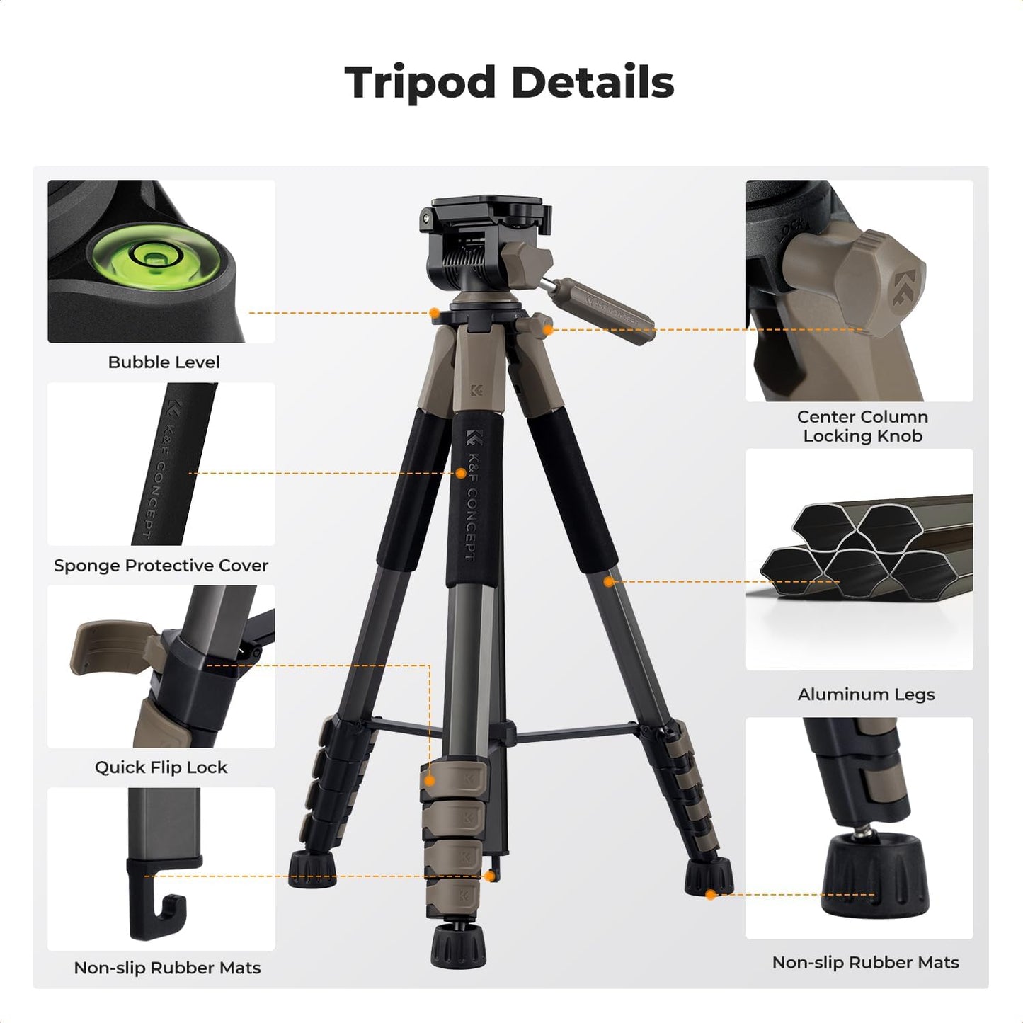 K&F CONCEPT 75"/190cm Lightweight Travel Camera Tripod for Phone | Compact Video Tripod Stand with Phone Clip, Bluetooth, Compatible with Canon/Sony/Nikon, Laser Level S255A3+BV01