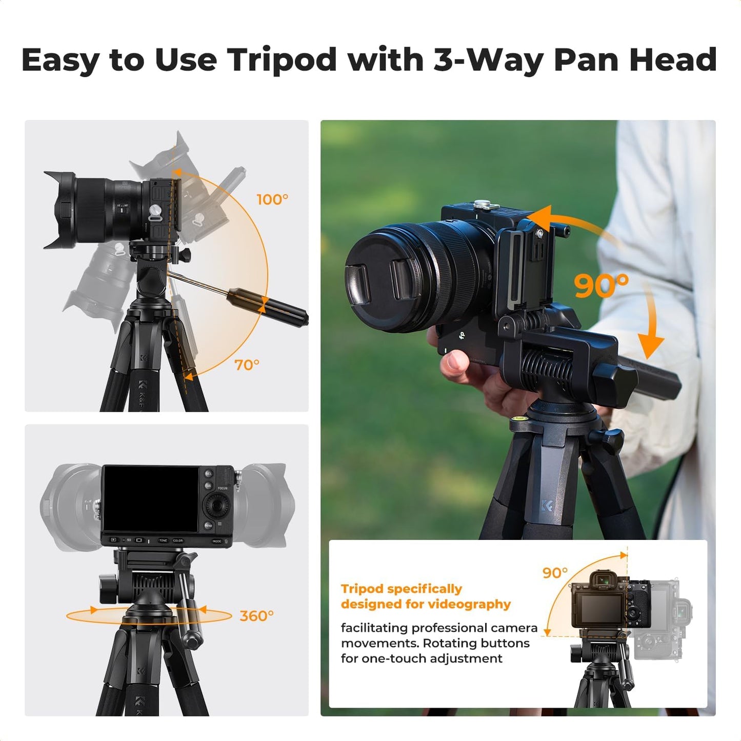 K&F CONCEPT 75"/190cm Lightweight Travel Camera Tripod for Phone | Compact Video Tripod Stand with Phone Clip, Bluetooth, Compatible with Canon/Sony/Nikon, Laser Level S255A3+BV01