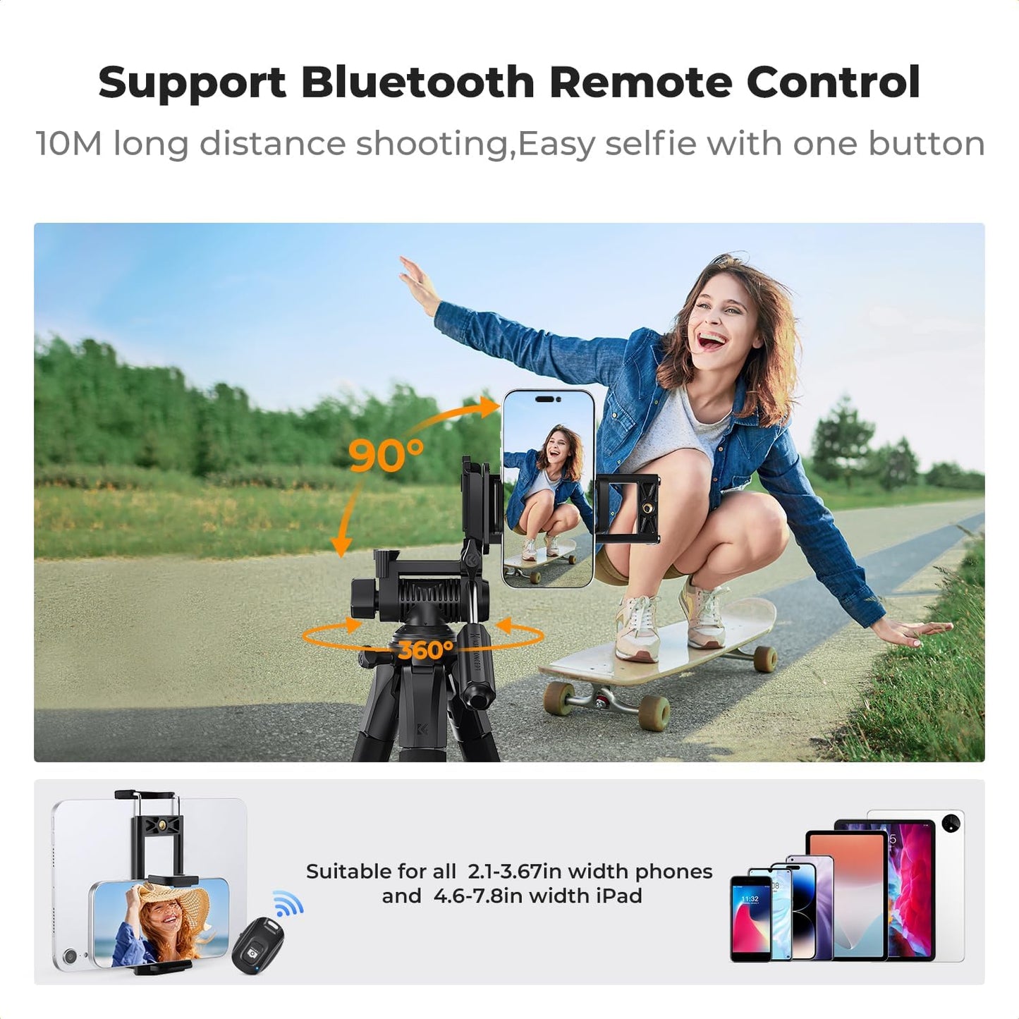 K&F CONCEPT 75"/190cm Lightweight Travel Camera Tripod for Phone | Compact Video Tripod Stand with Phone Clip, Bluetooth, Compatible with Canon/Sony/Nikon, Laser Level S255A3+BV01