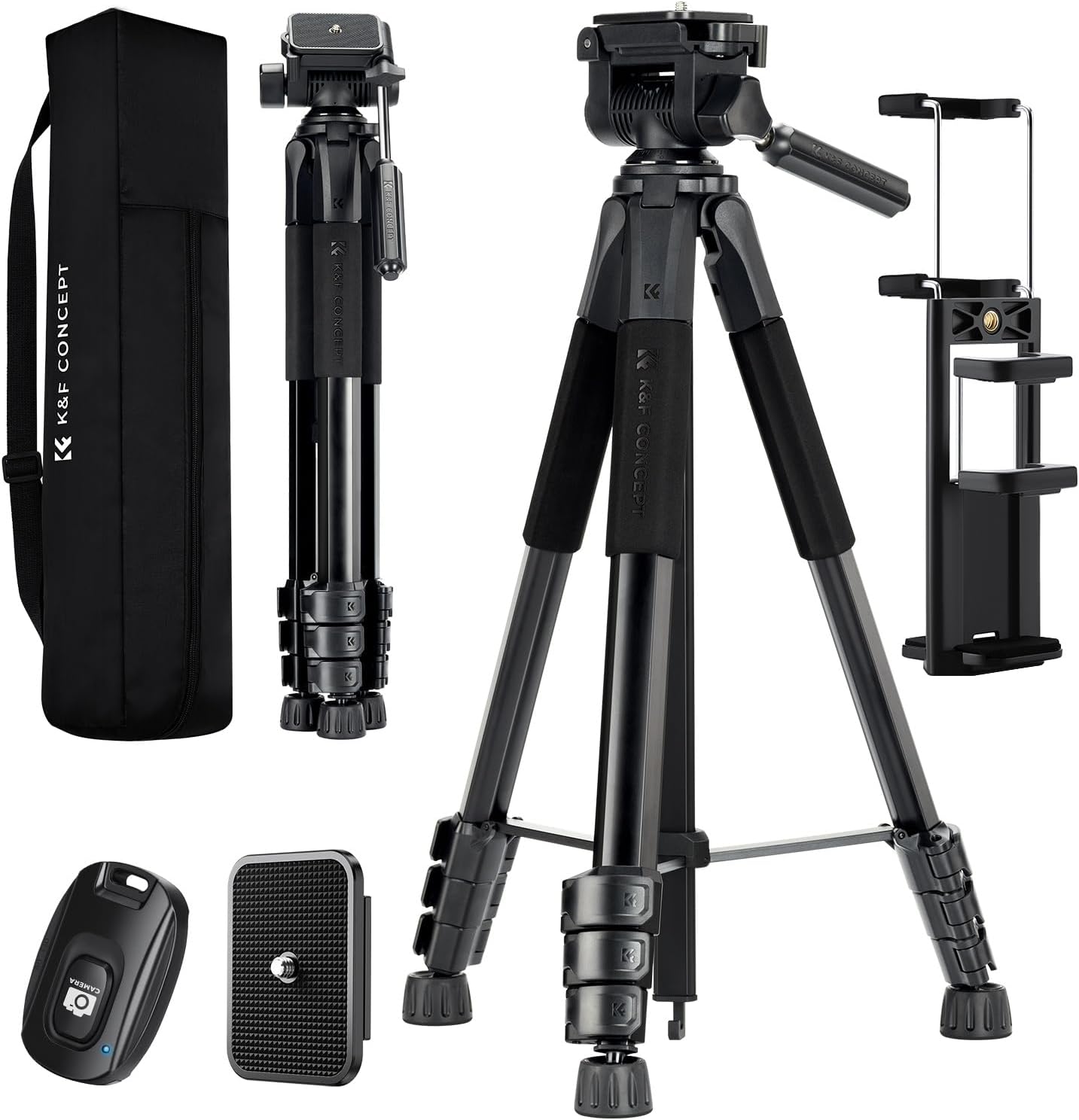 K&F CONCEPT 75"/190cm Lightweight Travel Camera Tripod for Phone | Compact Video Tripod Stand with Phone Clip, Bluetooth, Compatible with Canon/Sony/Nikon, Laser Level S255A3+BV01