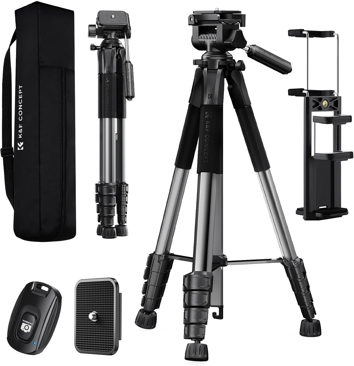 K&F CONCEPT 75"/190cm Lightweight Travel Camera Tripod for Phone | Compact Video Tripod Stand with Phone Clip, Bluetooth, Compatible with Canon/Sony/Nikon, Laser Level S255A3+BV01