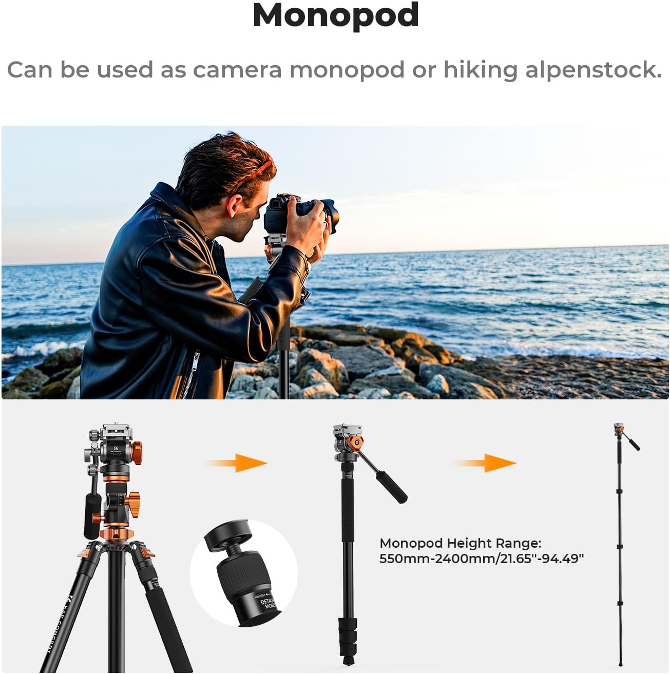 K&F CONCEPT 83 inch/211cm Camera Video Tripod | for DSLR Compact Aluminum Tripod with Fluid Head and 5KG Load for Travel and Work K234A7+FH-03