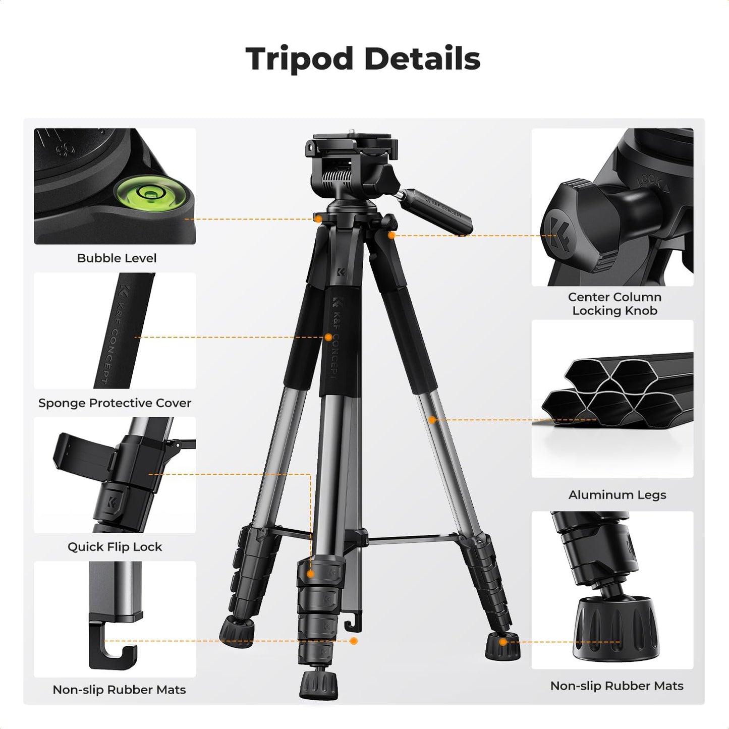 K&F CONCEPT 75"/190cm Lightweight Travel Camera Tripod for Phone | Compact Video Tripod Stand with Phone Clip, Bluetooth, Compatible with Canon/Sony/Nikon, Laser Level S255A3+BV01