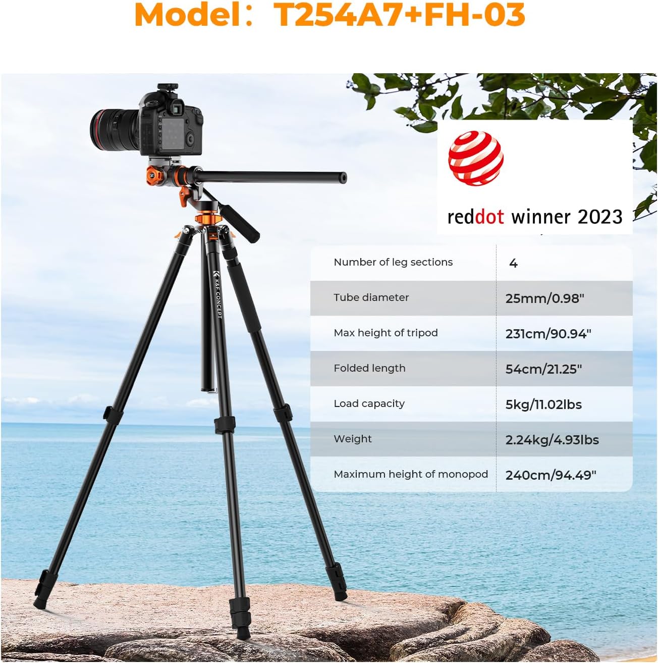 K&F CONCEPT 83 inch/211cm Camera Video Tripod | for DSLR Compact Aluminum Tripod with Fluid Head and 5KG Load for Travel and Work K234A7+FH-03