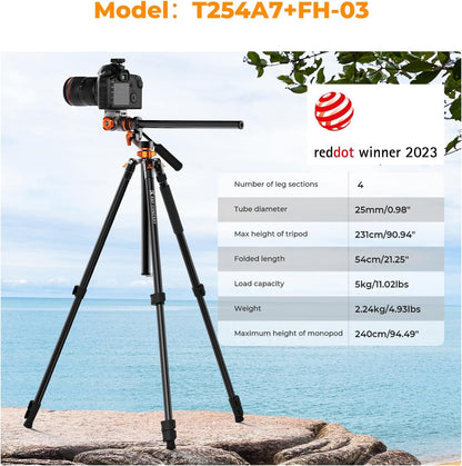 K&F CONCEPT 83 inch/211cm Camera Video Tripod | for DSLR Compact Aluminum Tripod with Fluid Head and 5KG Load for Travel and Work K234A7+FH-03