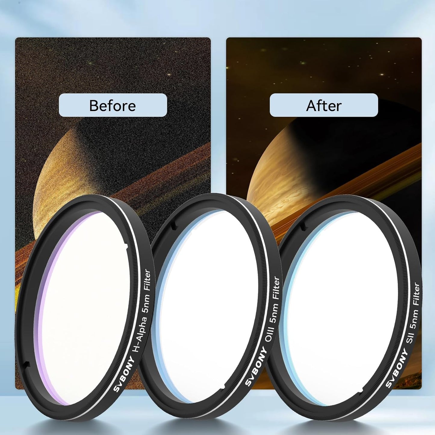 SVBONY SV227 2" SHO Telescope Filter Set, Narrowband Filter Kit, SII H-Alpha OIII 5nm Narrow-Band Filters, Reduce Light Pollution, 3Pcs Set for Emission Nebula Planetary Nebulae Astrophotography | SII H-Alpha OIII Narrow-Band Filters, Reduce Light Polluti